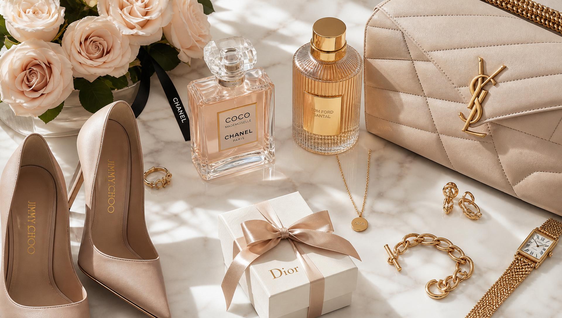 A curated luxury lifestyle arrangement of designer accessories, perfume, jewelry, and roses