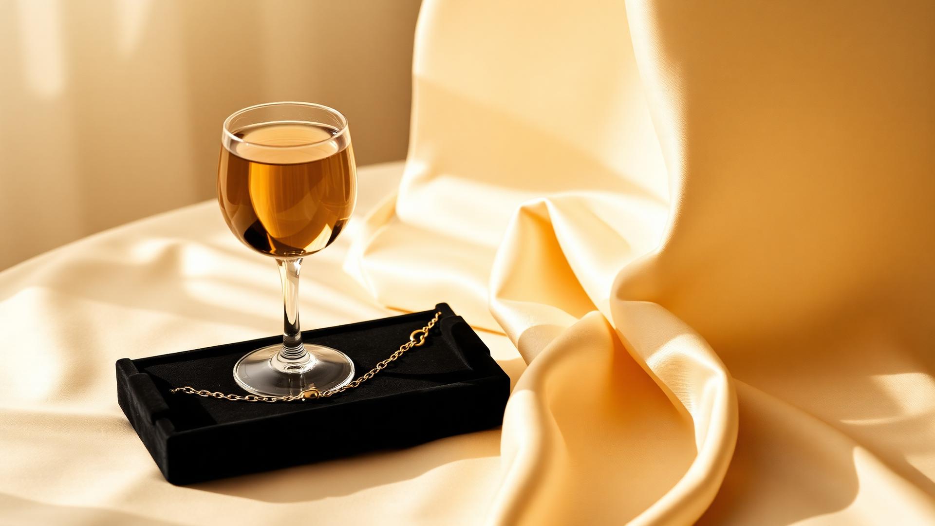 Champagne gold jewelry and a coupe of champagne on ivory silk