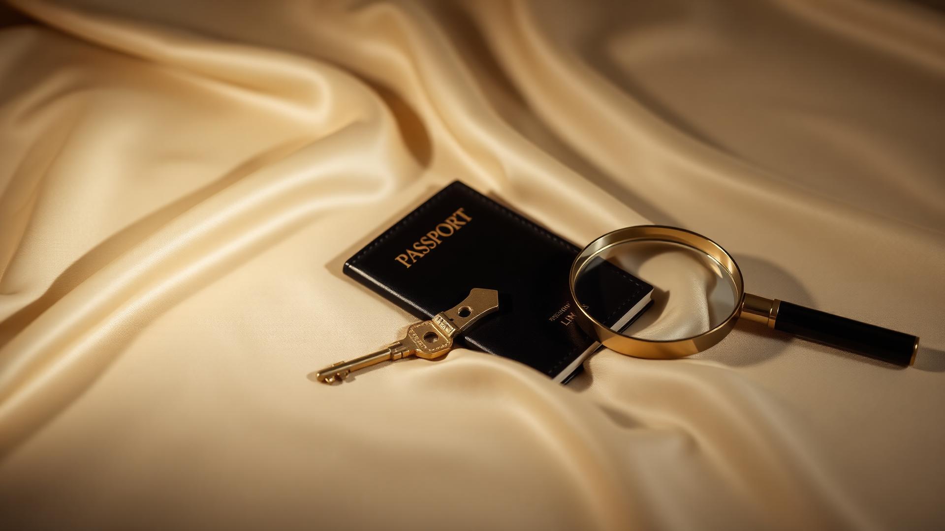 A discreet leather portfolio with a gold key and white orchid